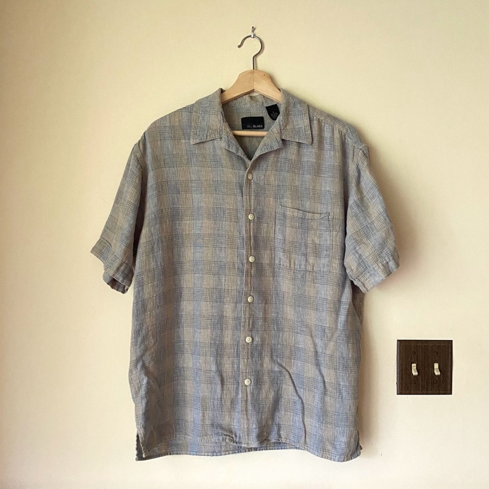cotton & linen Bill Blass shirt – size S – blue grey tan white – button down